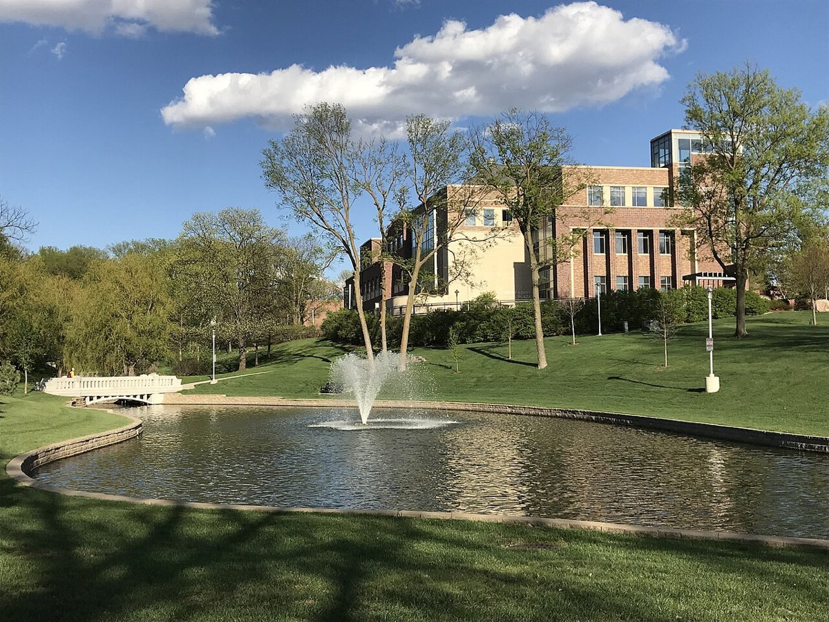 Miller Pond fountain bridge Art Ed building
