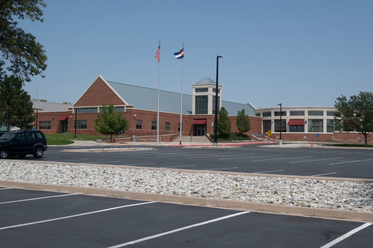 Front Range Community College Westminster Campus - traffic circle with welcome center in background - August