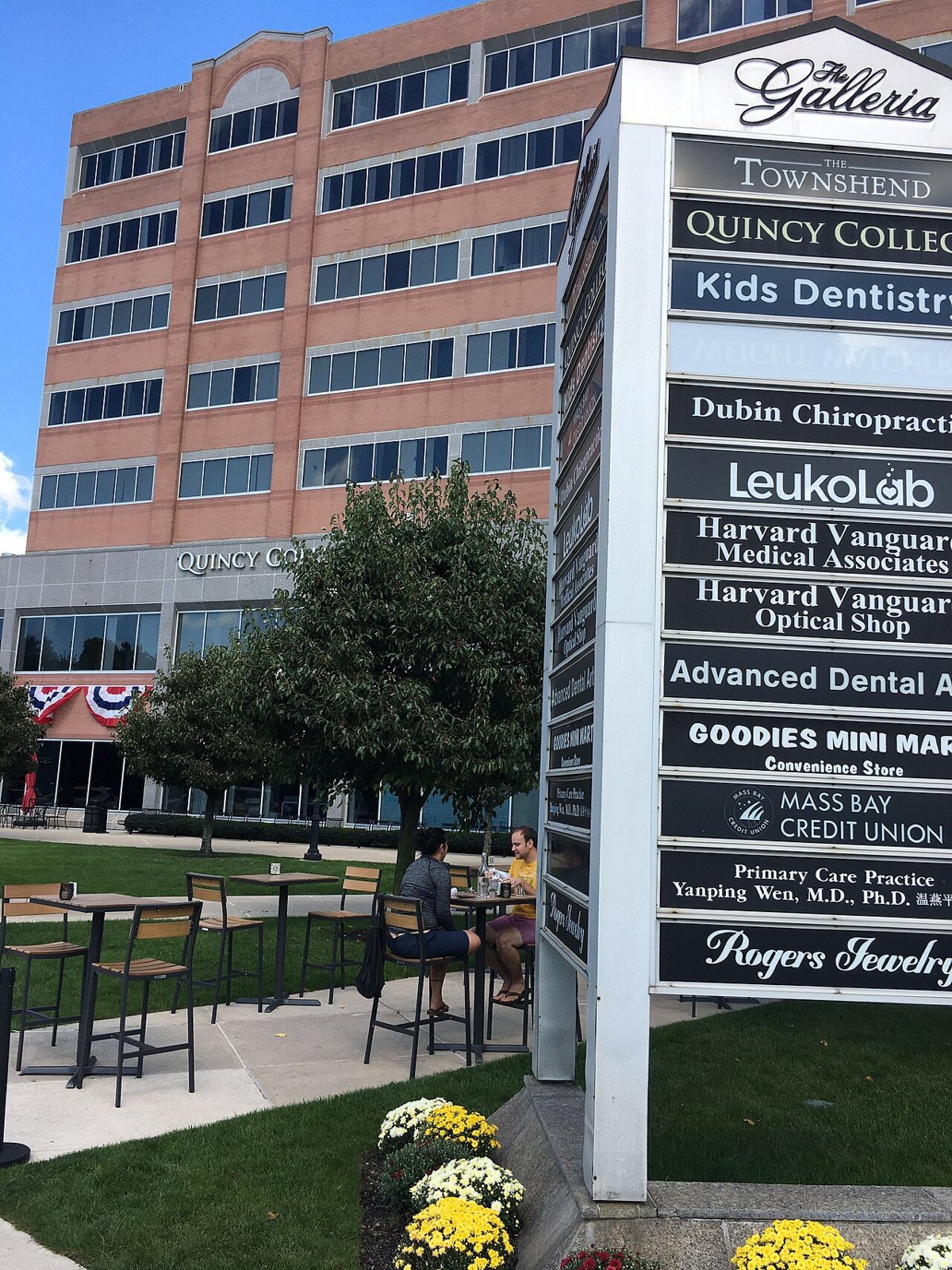 Quincy College building and Galleria sign