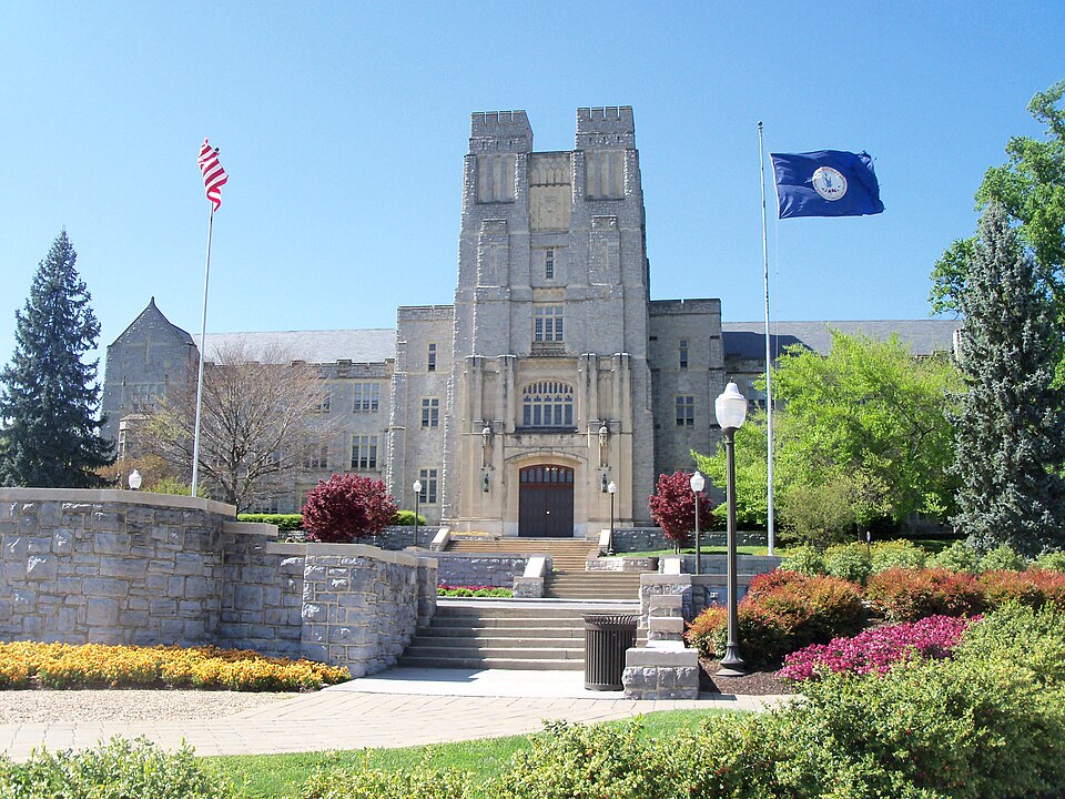 Patton Hall and cars at Virginia Tech, ca