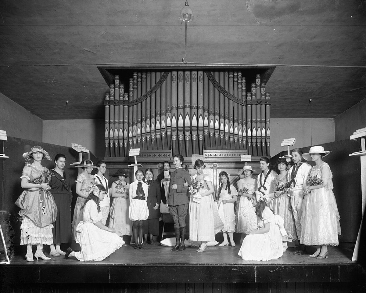 Group of student actors, Peace College Chapel, Peace College, Raleigh, NC, c.1910's. Original glass plate negative is from the J. C. Knowles Collection, PhC.182, State Archives of North Carolina