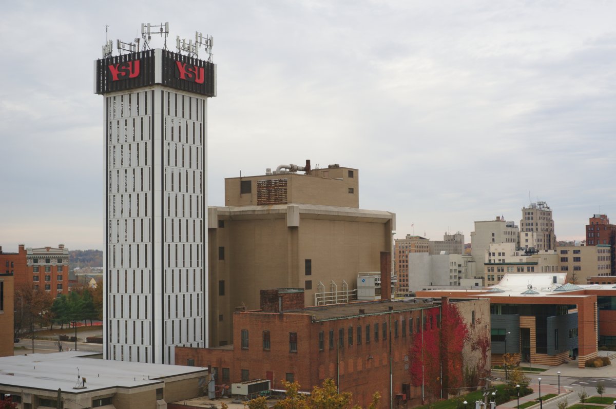 Youngstown State University clock tower as seen from Moser Hall